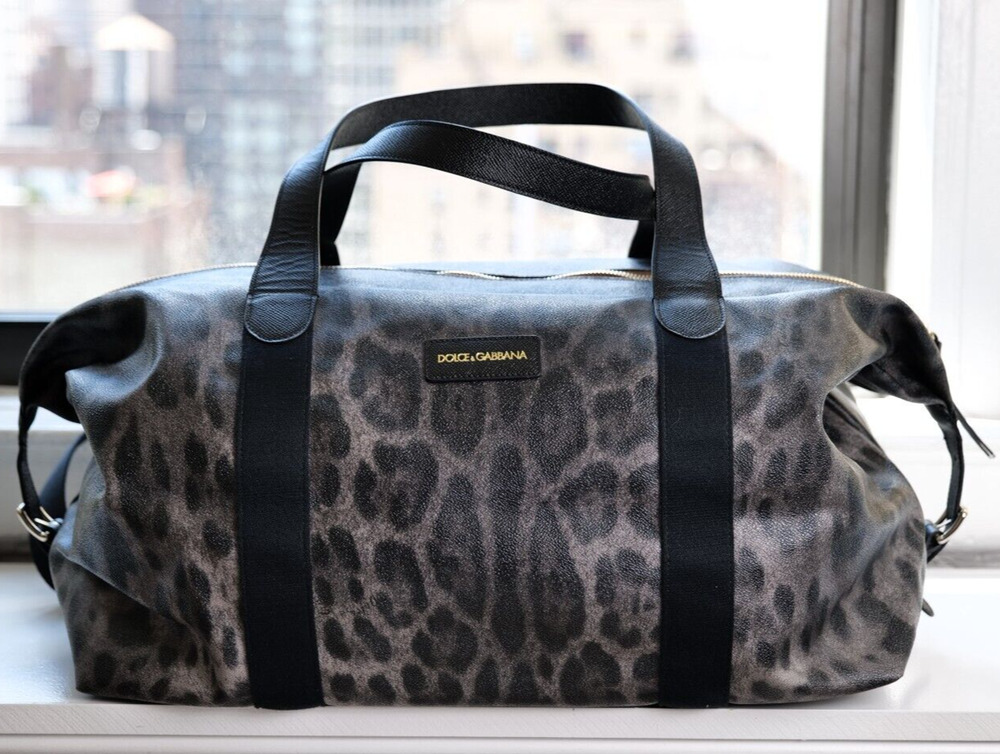 Dolce & Gabbana Black Leopard Pattern Leather Travel Duffle Bag